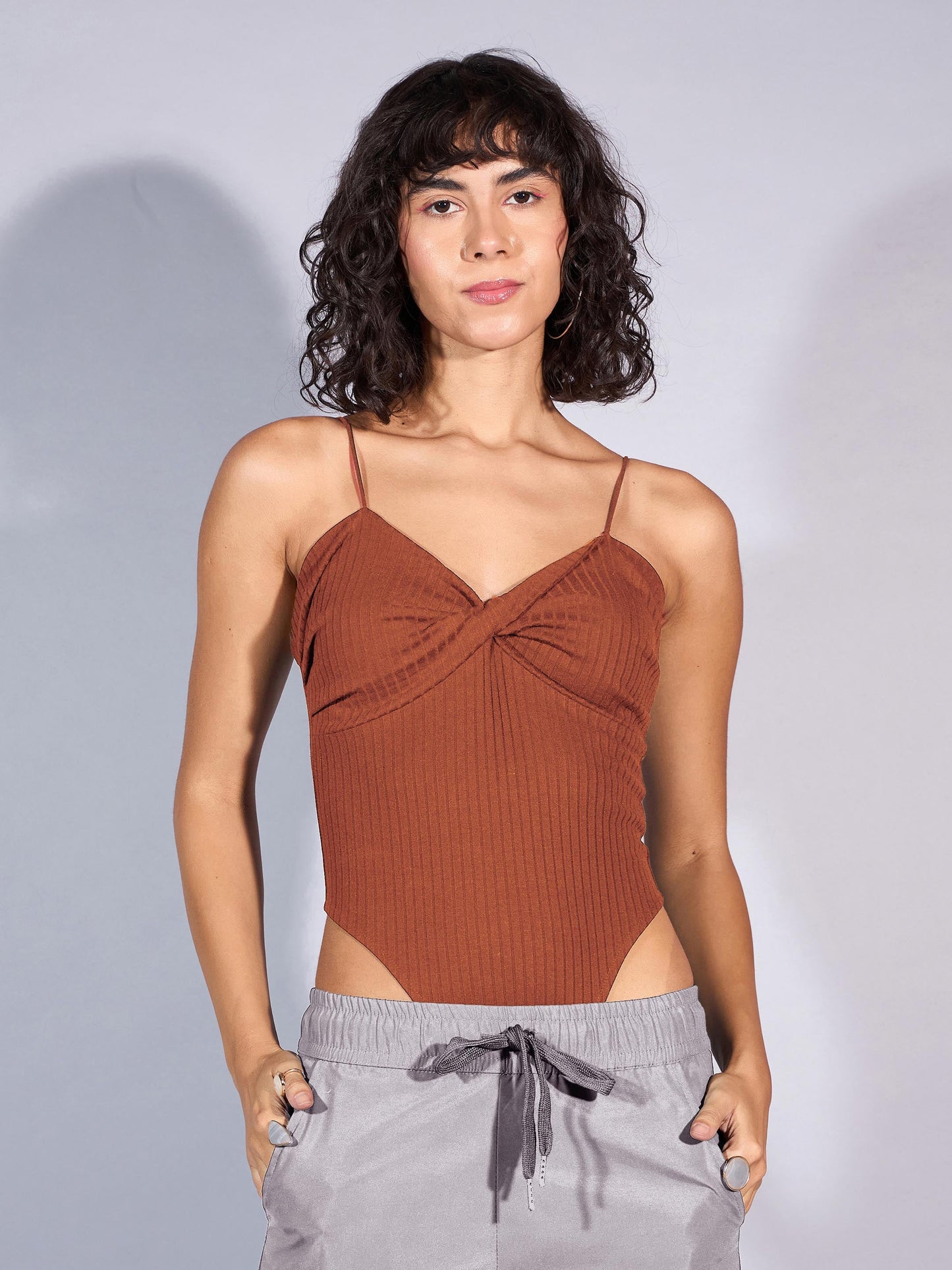 Brown Rib Front Twist Bodysuit