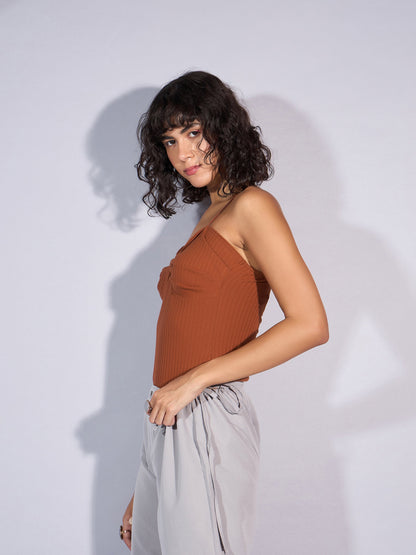 Brown Rib Front Twist Bodysuit