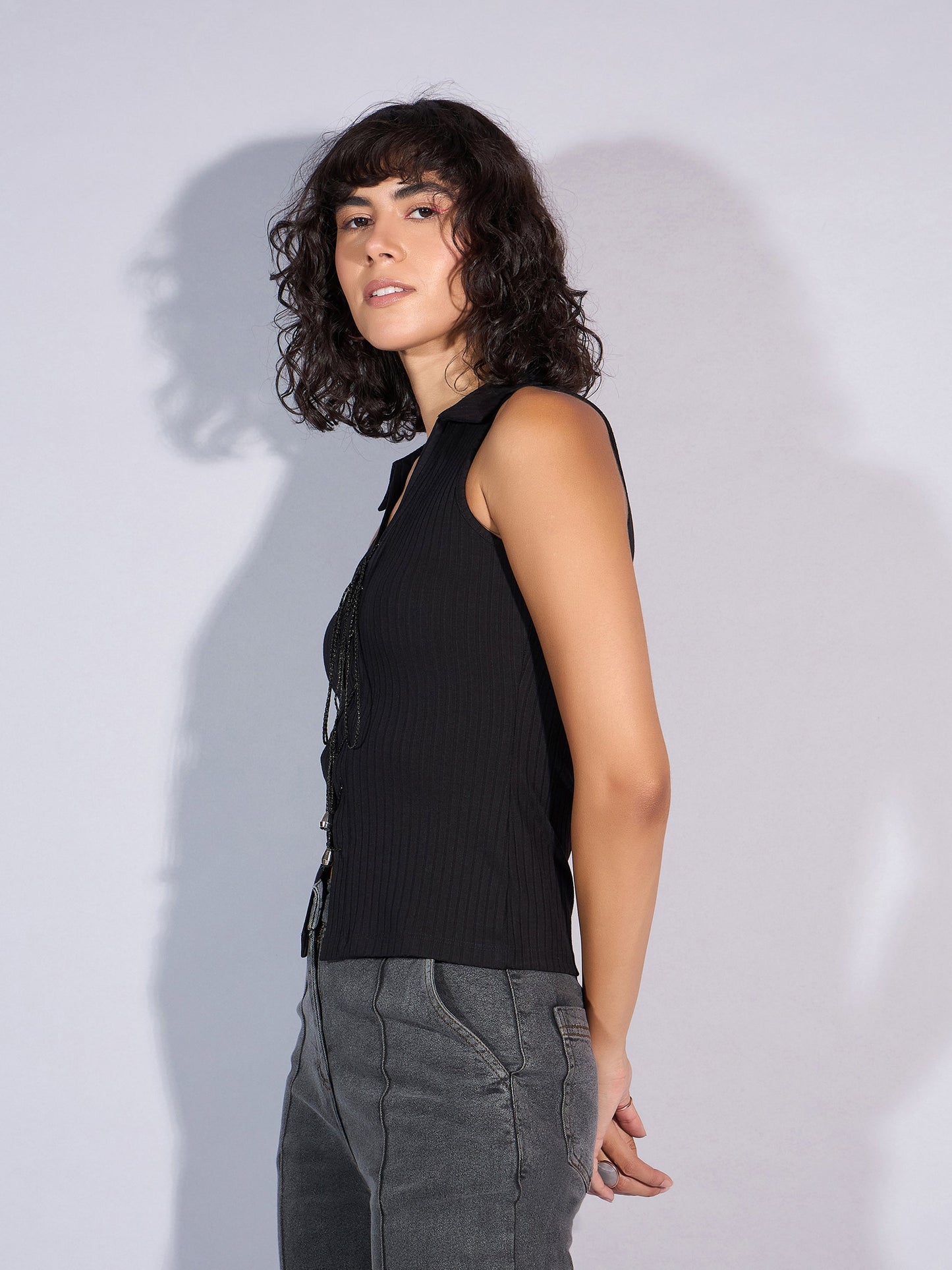 Black Rib Collar Lace-Up Top