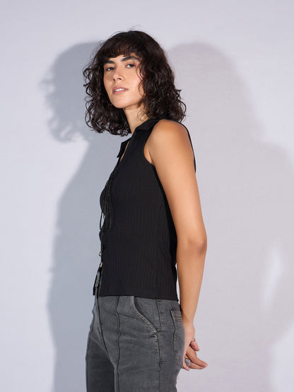 Black Rib Collar Lace-Up Top