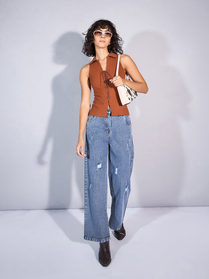 Brown Rib Collar Lace-Up Top