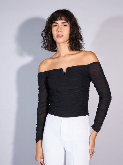 Black V Neck Ruched Top