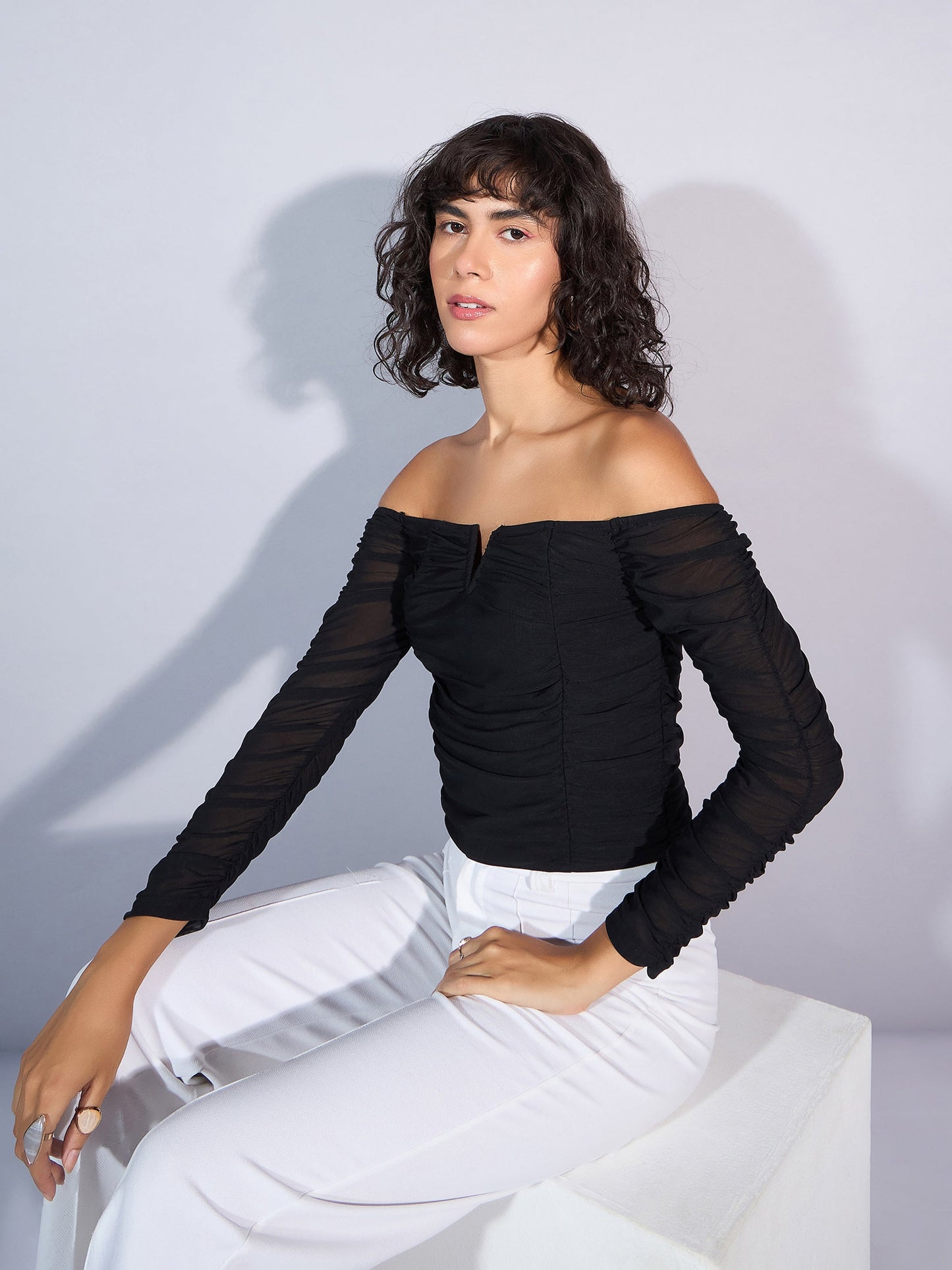 Black V Neck Ruched Top