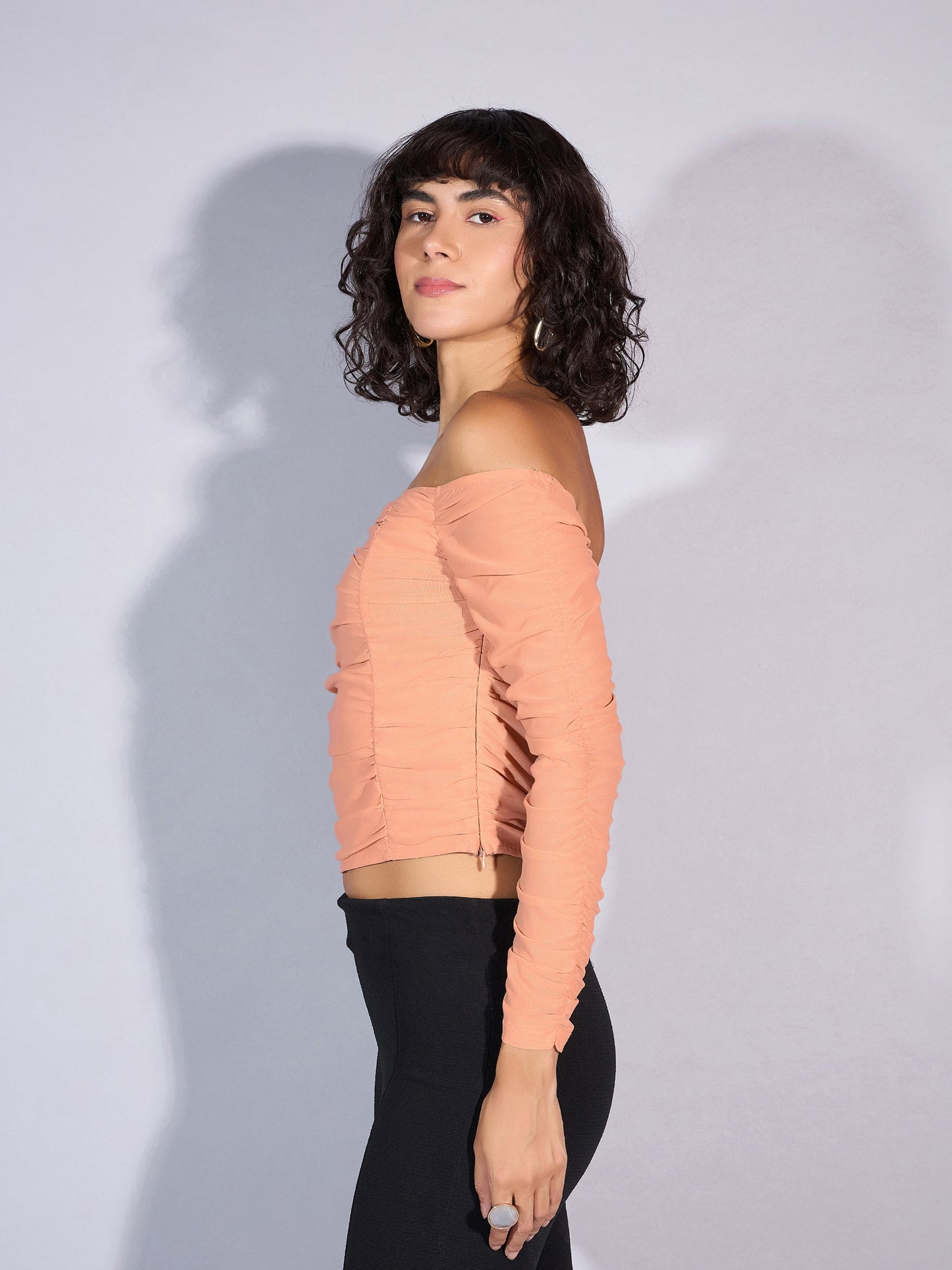 Beige V Neck Ruched Top