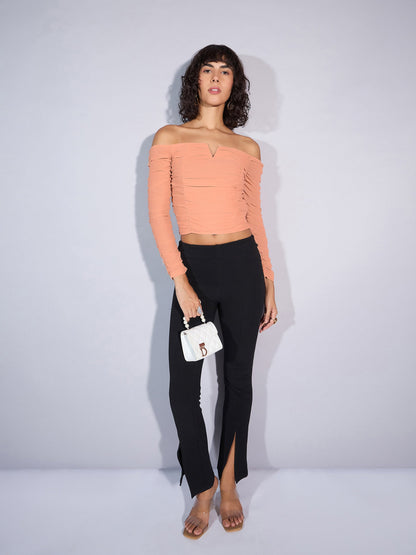 Beige V Neck Ruched Top