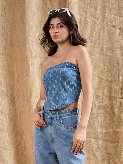 Blue Washed Front Stud Work Tube Top
