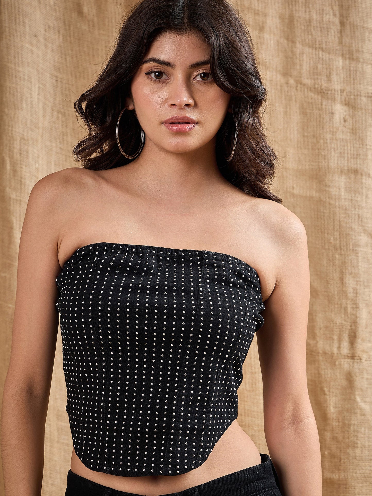 Black Front Stud Work Tube Top