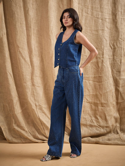 Women Blue Denim Top With Straight Fit Jeans