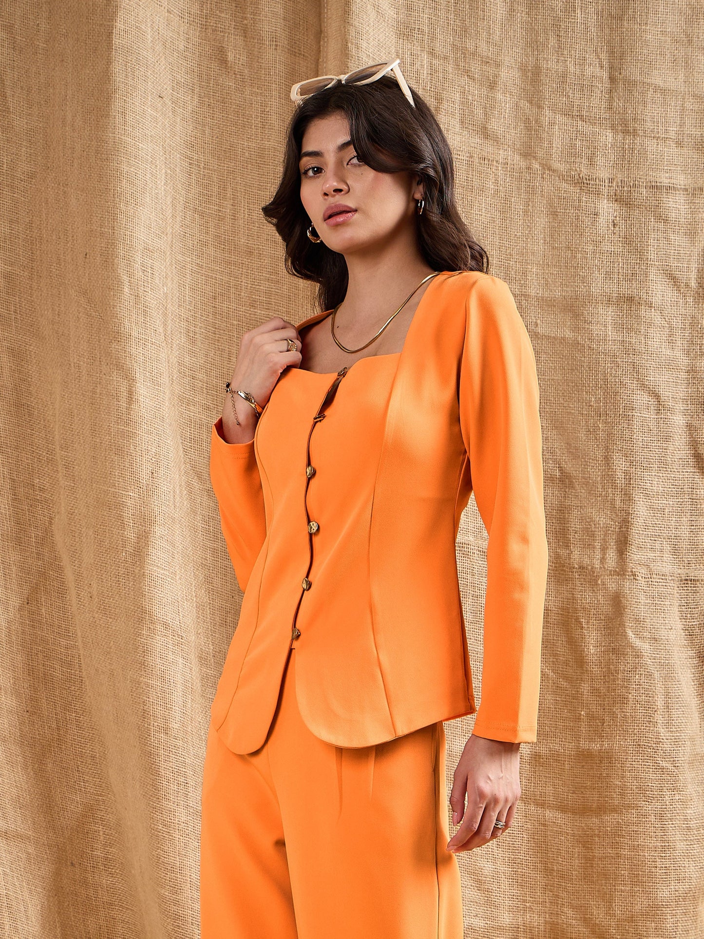 Orange Square Neck Front Open Top