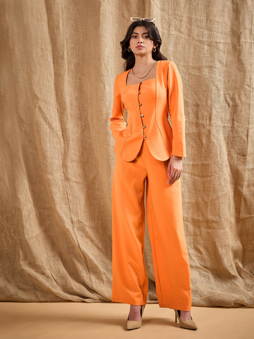Women's Women Orange Square Neck Front Open Top With Pants in Polyester by Sassafras for wholesale, bulk, supplier, manufacturer and wholesaler buyers from Trendphoria