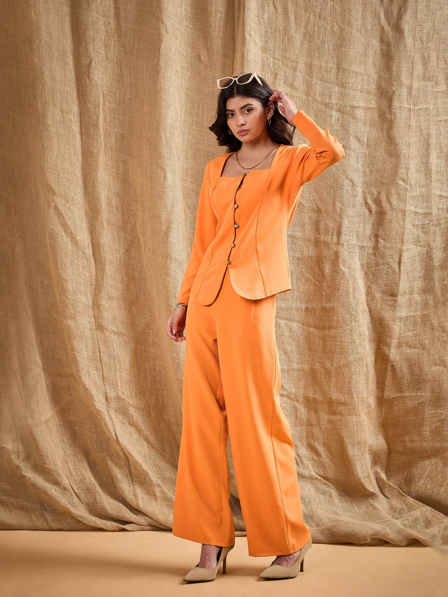 Women Orange Square Neck Front Open Top With Pants
