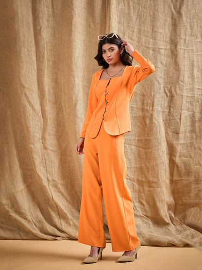Women Orange Square Neck Front Open Top With Pants