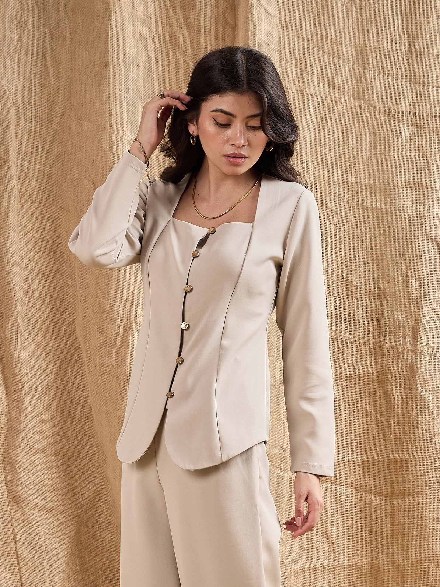 Beige Square Neck Front Open Top