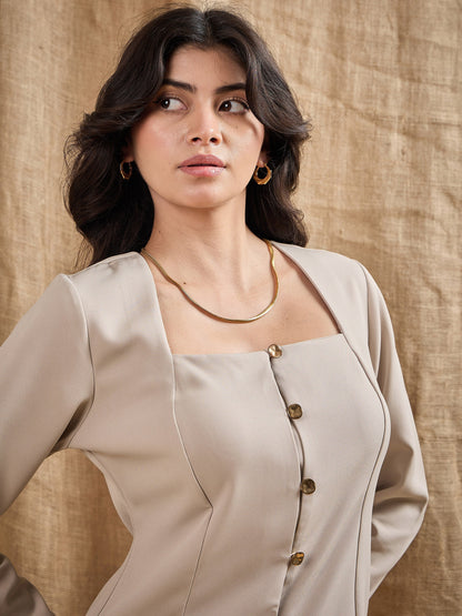 Beige Square Neck Front Open Top