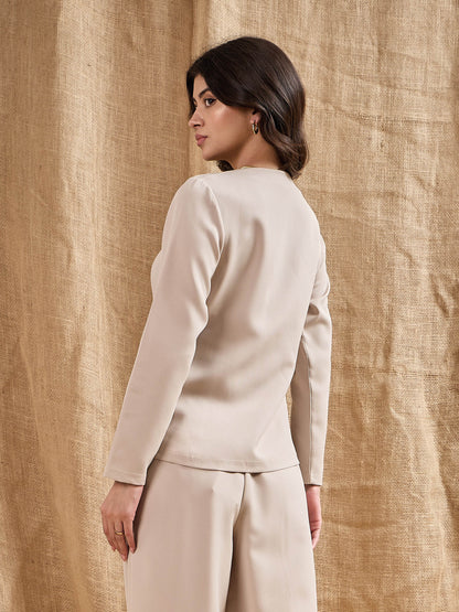 Beige Square Neck Front Open Top