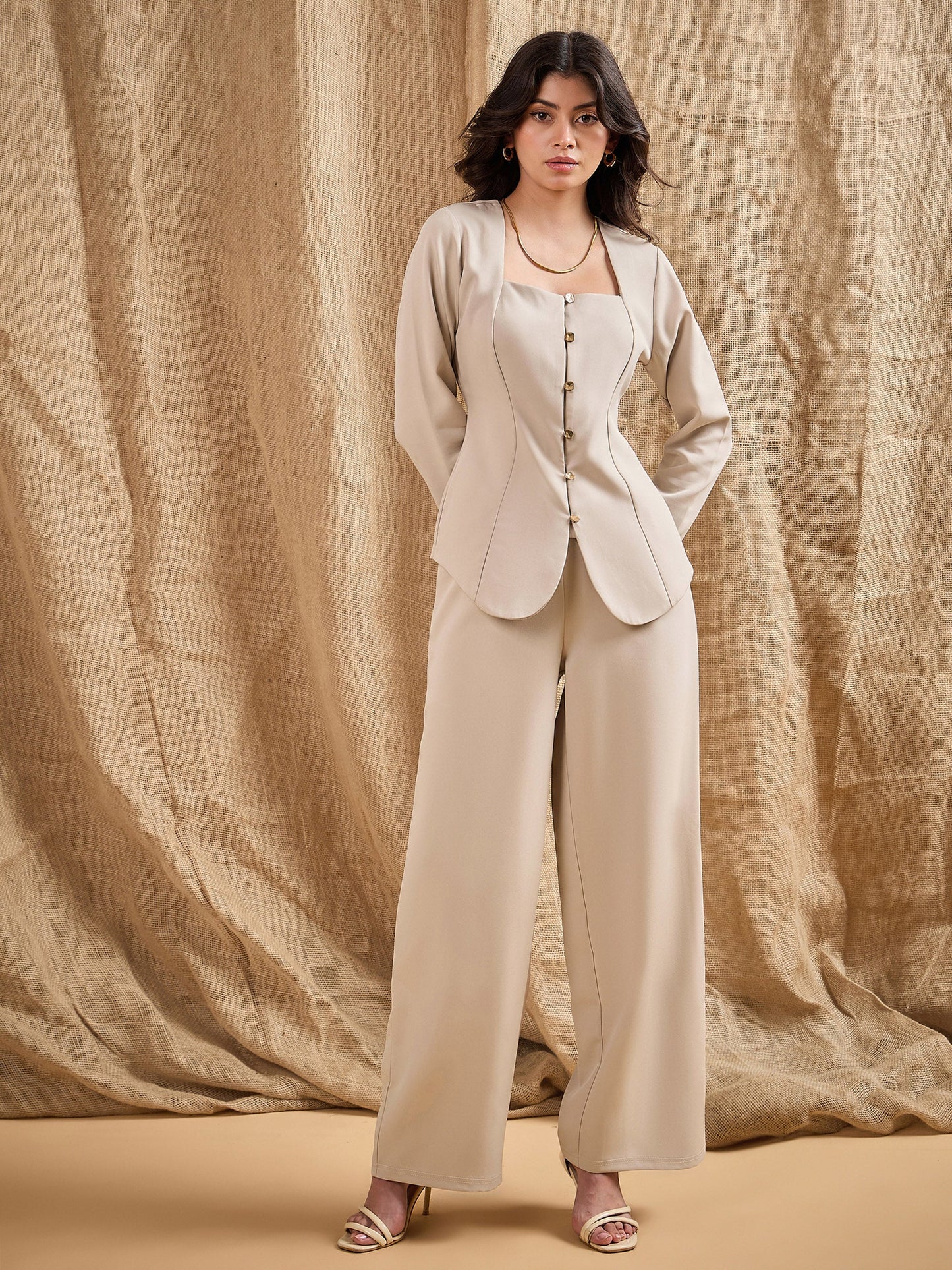 Women's Women Beige Square Neck Front Open Top With Pants in Polyester by Sassafras for wholesale, bulk, supplier, manufacturer and wholesaler buyers from Trendphoria