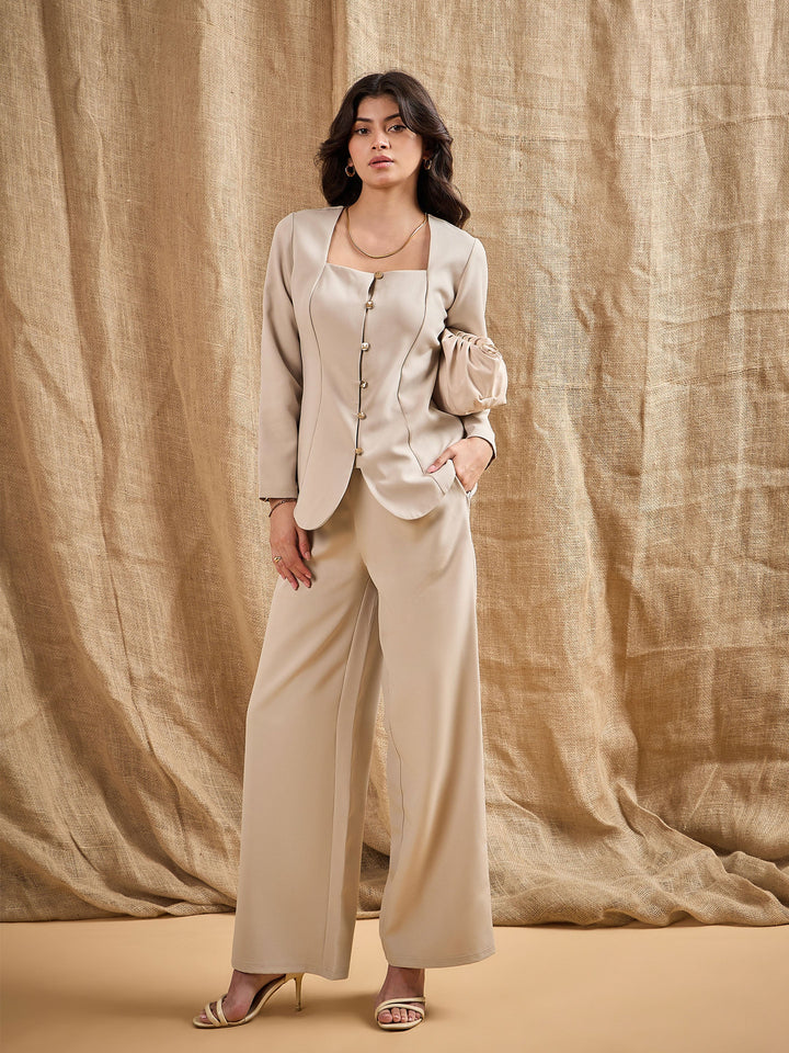Women Beige Square Neck Front Open Top With Pants