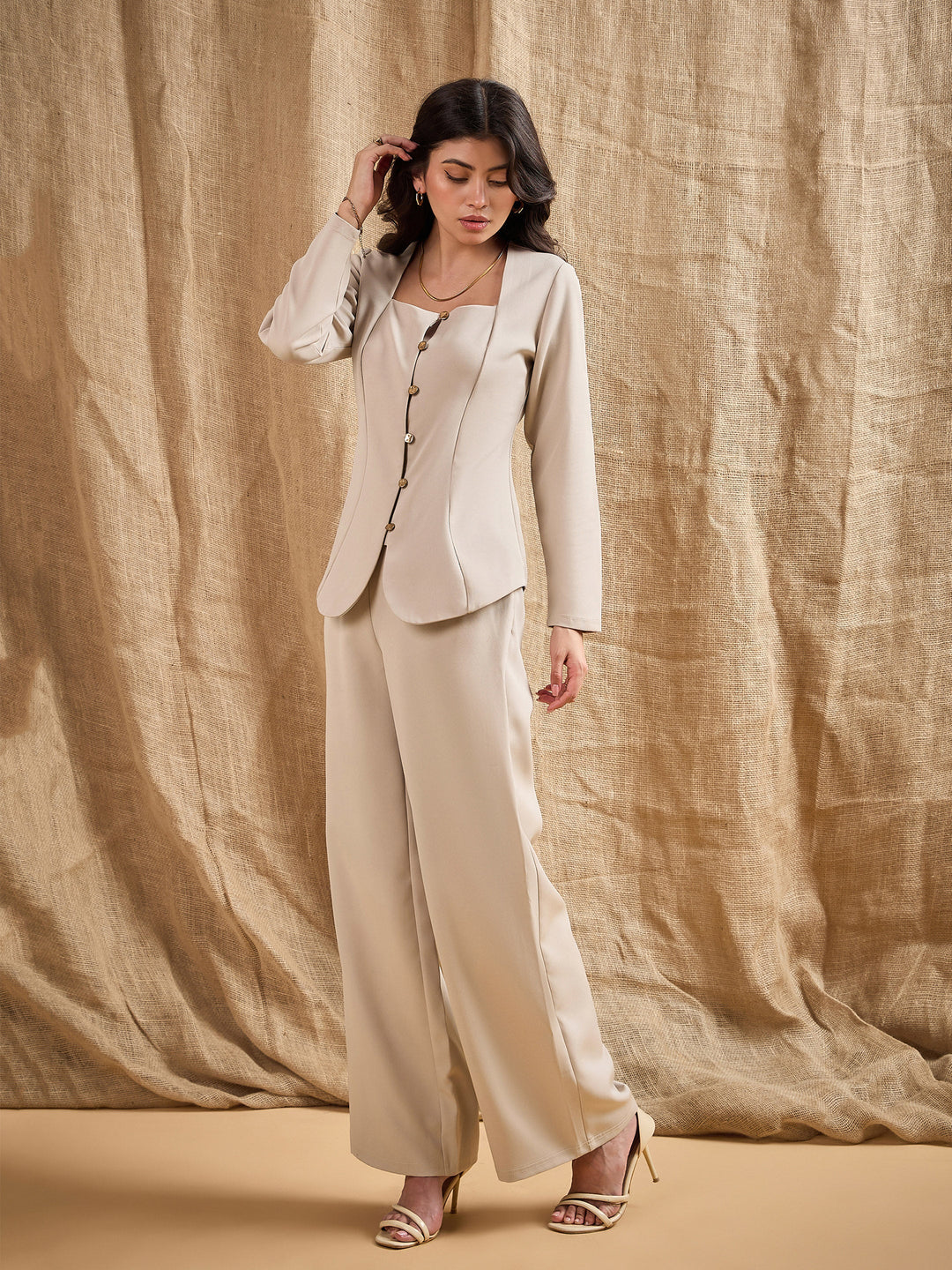 Women Beige Square Neck Front Open Top With Pants