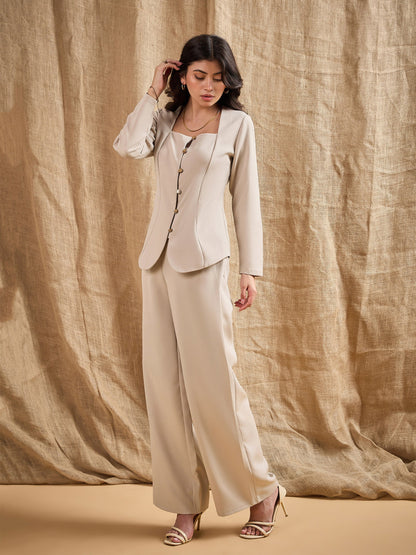 Women Beige Square Neck Front Open Top With Pants