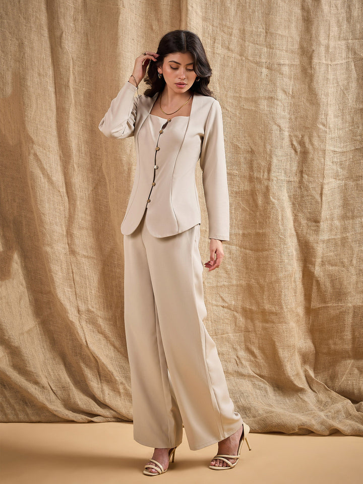 Women Beige Square Neck Front Open Top With Pants
