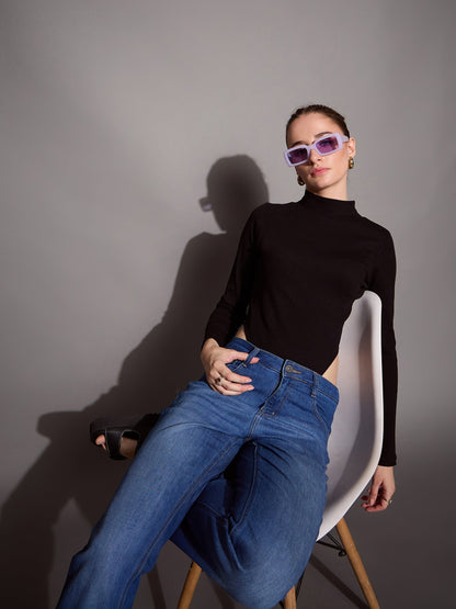 Black Rib High Neck Bodysuit