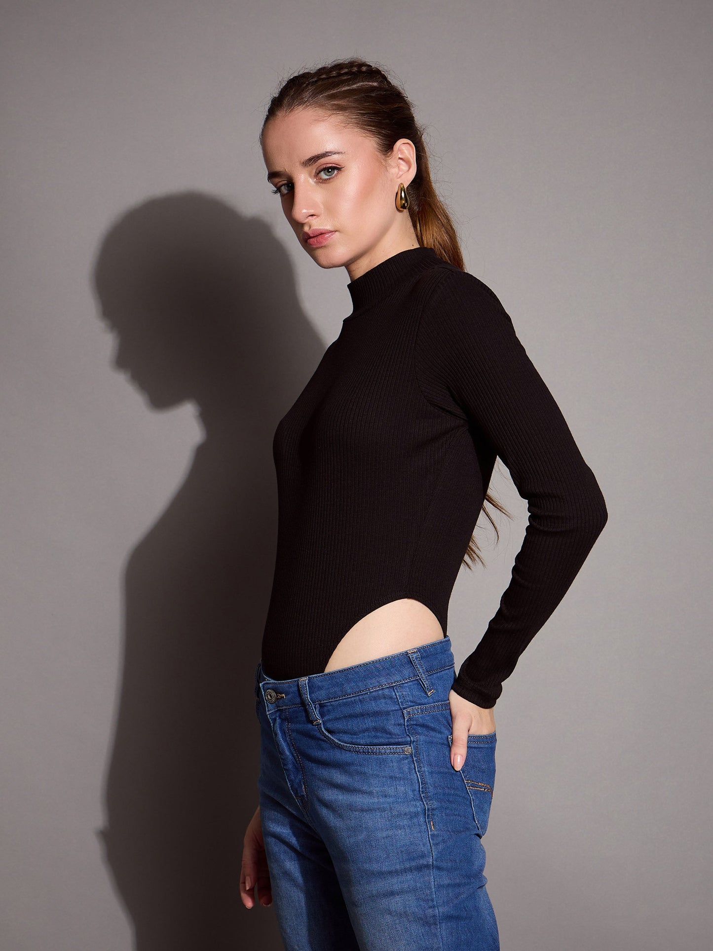 Black Rib High Neck Bodysuit