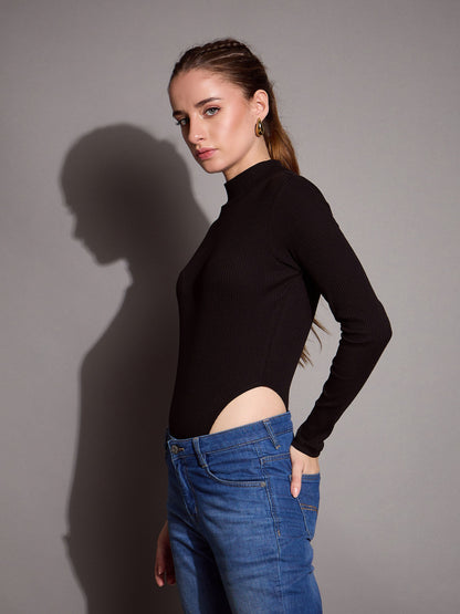 Black Rib High Neck Bodysuit
