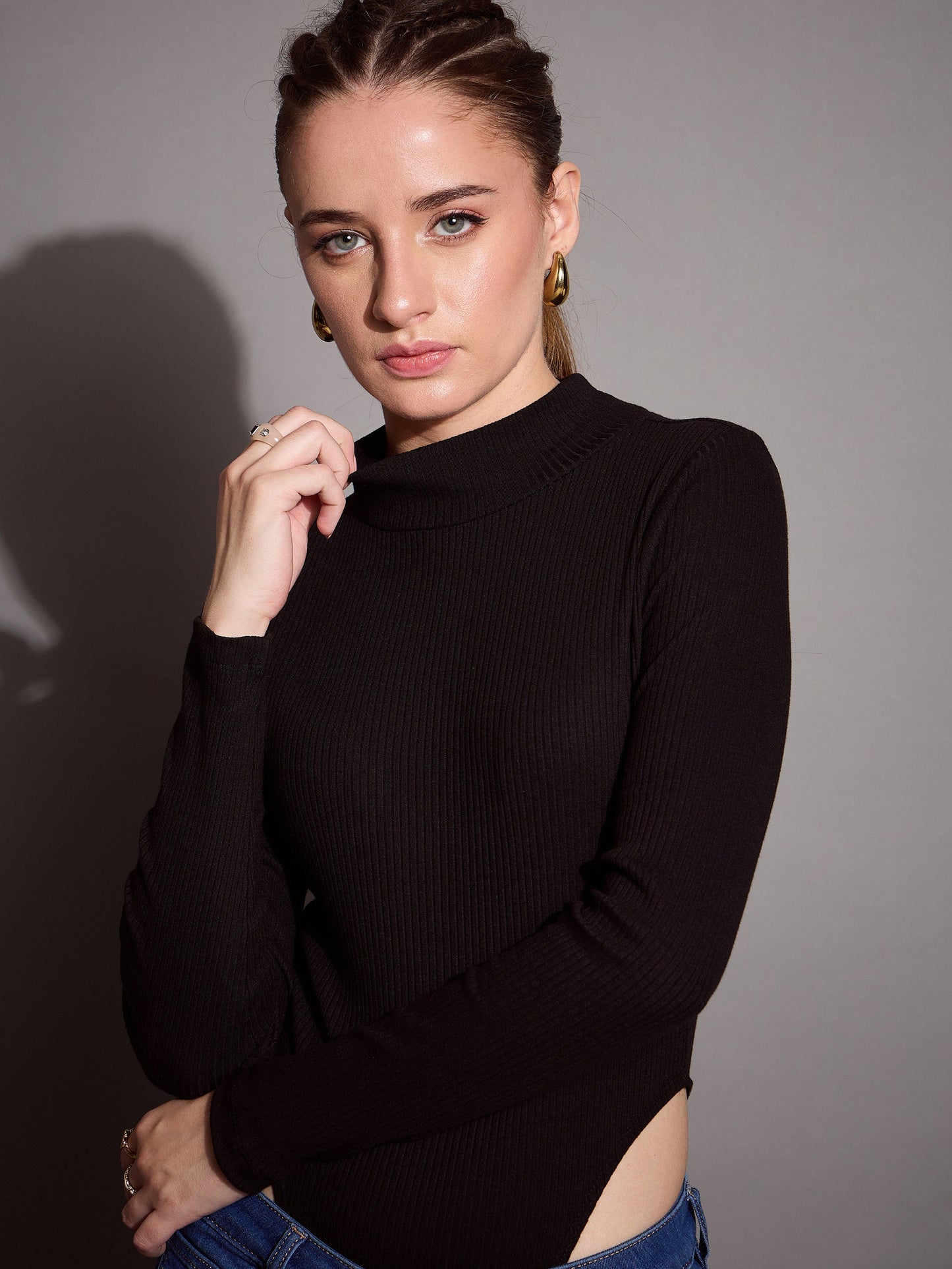 Black Rib High Neck Bodysuit