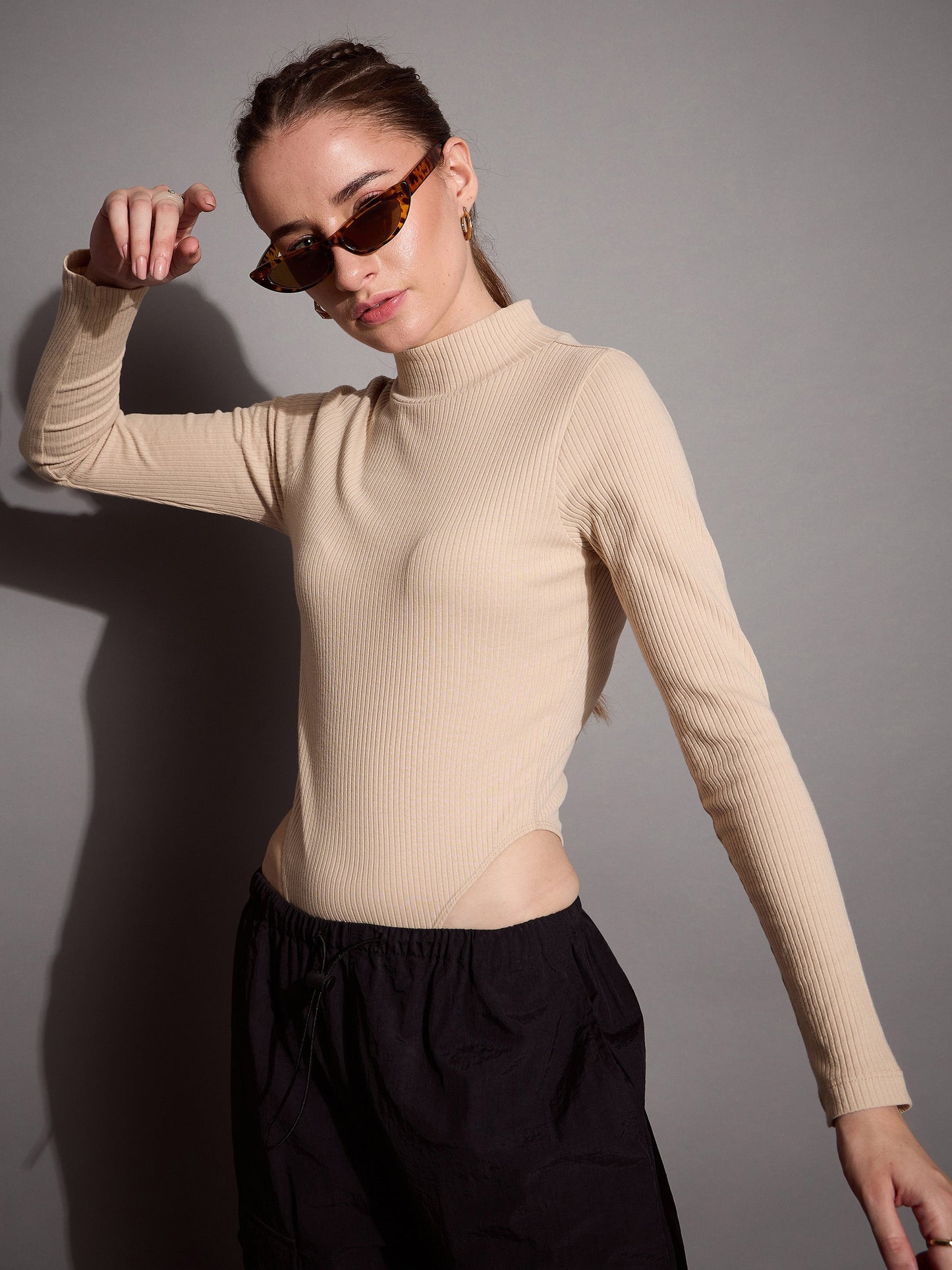Beige Rib High Neck Bodysuit