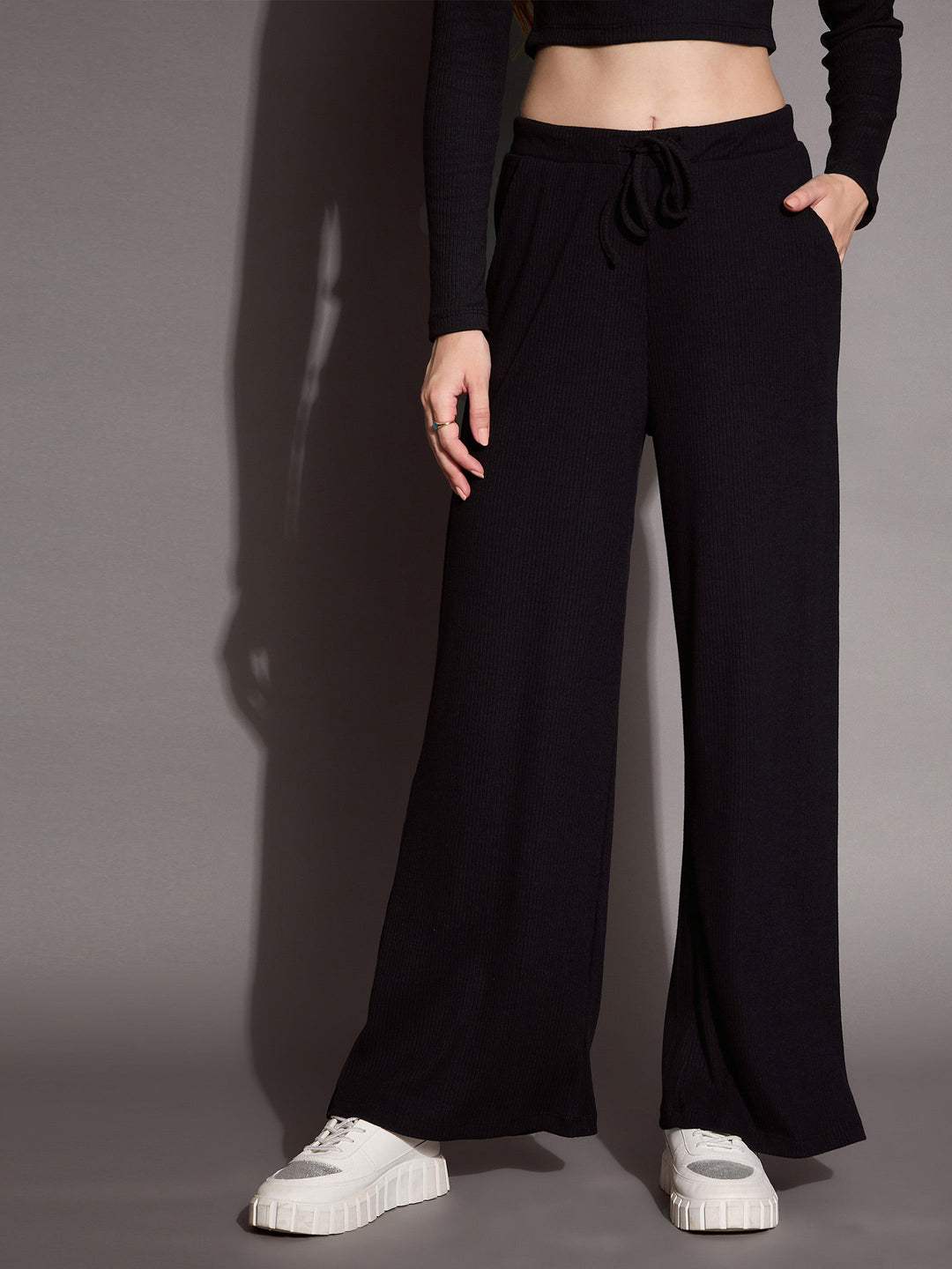 Women Black Rib Polo Neck Top Drawstring Pants