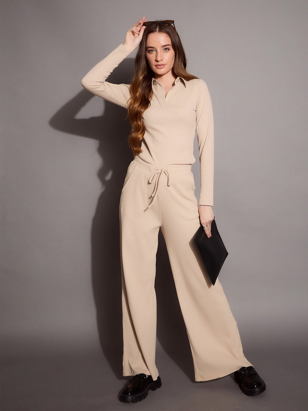 Women Beige Rib Polo Neck Top With Drawstring Pants