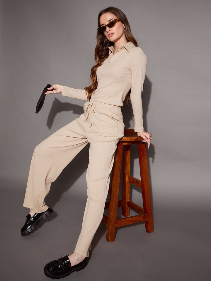 Women Beige Rib Polo Neck Top With Drawstring Pants