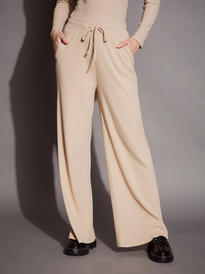 Women Beige Rib Polo Neck Top With Drawstring Pants