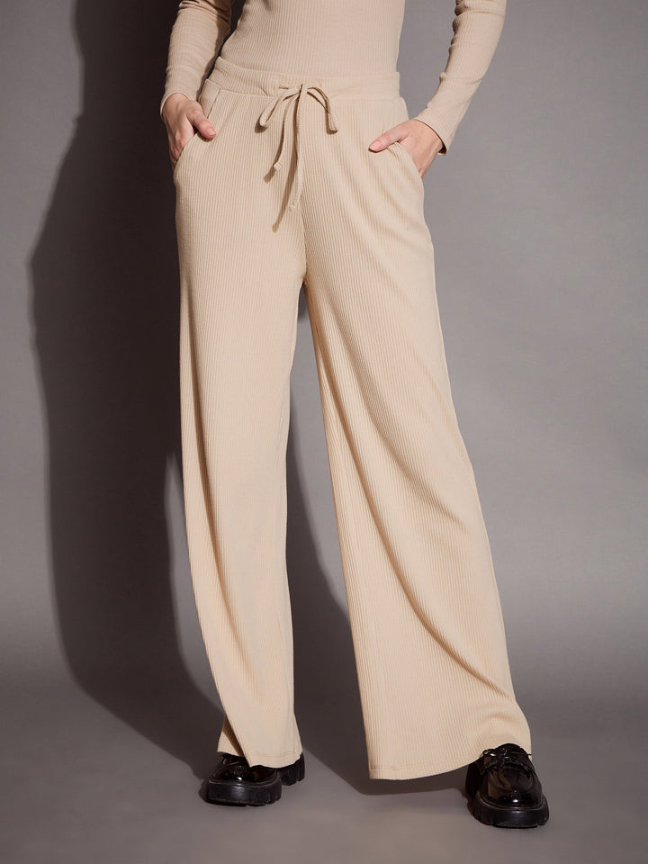 Women Beige Rib Polo Neck Top With Drawstring Pants