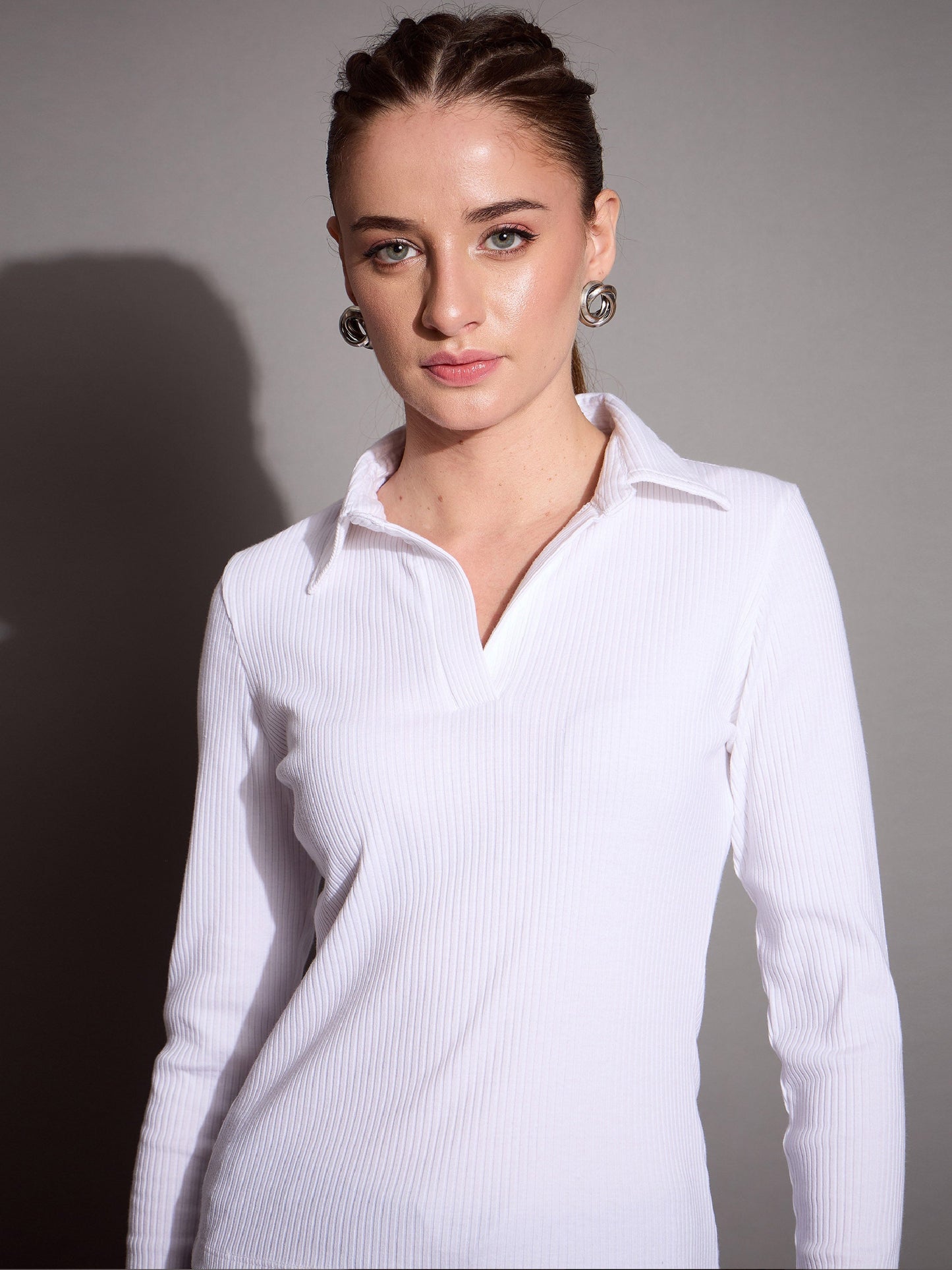 White Rib Polo Neck Top