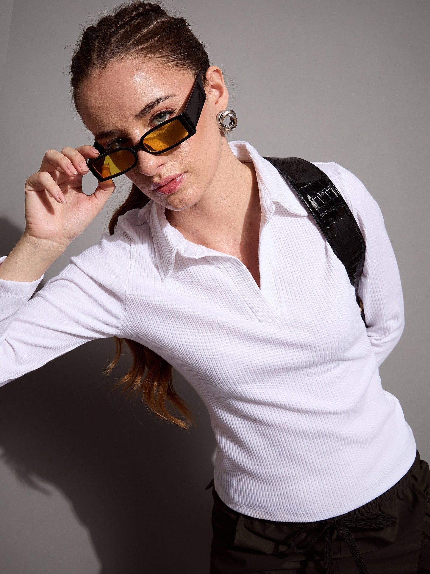 White Rib Polo Neck Top