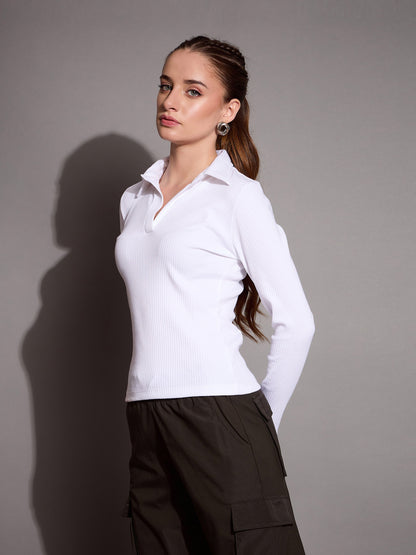 White Rib Polo Neck Top