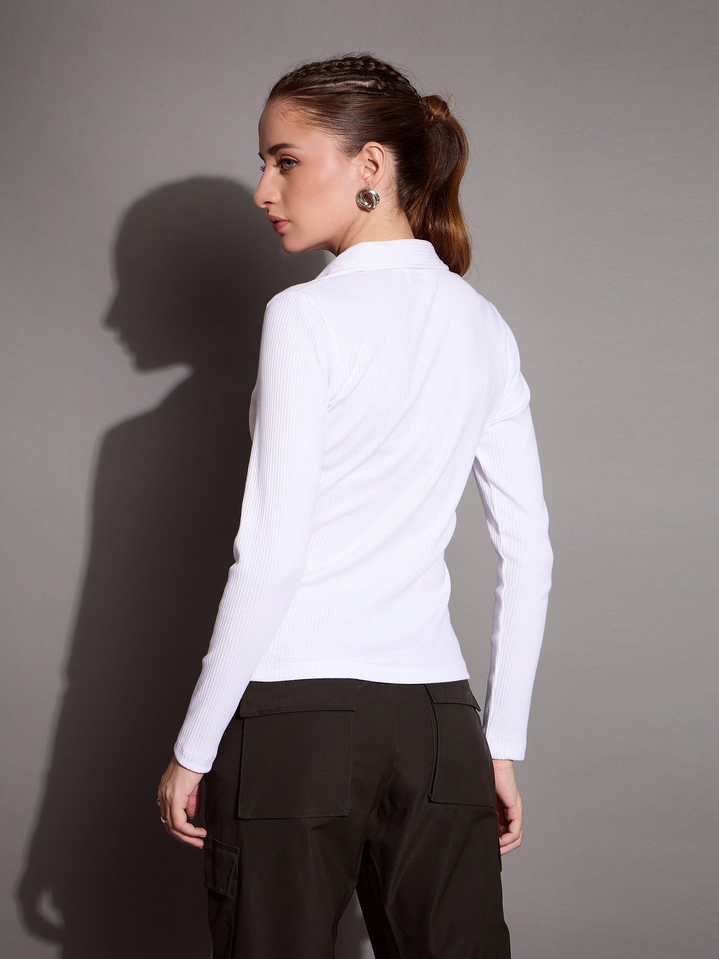 White Rib Polo Neck Top