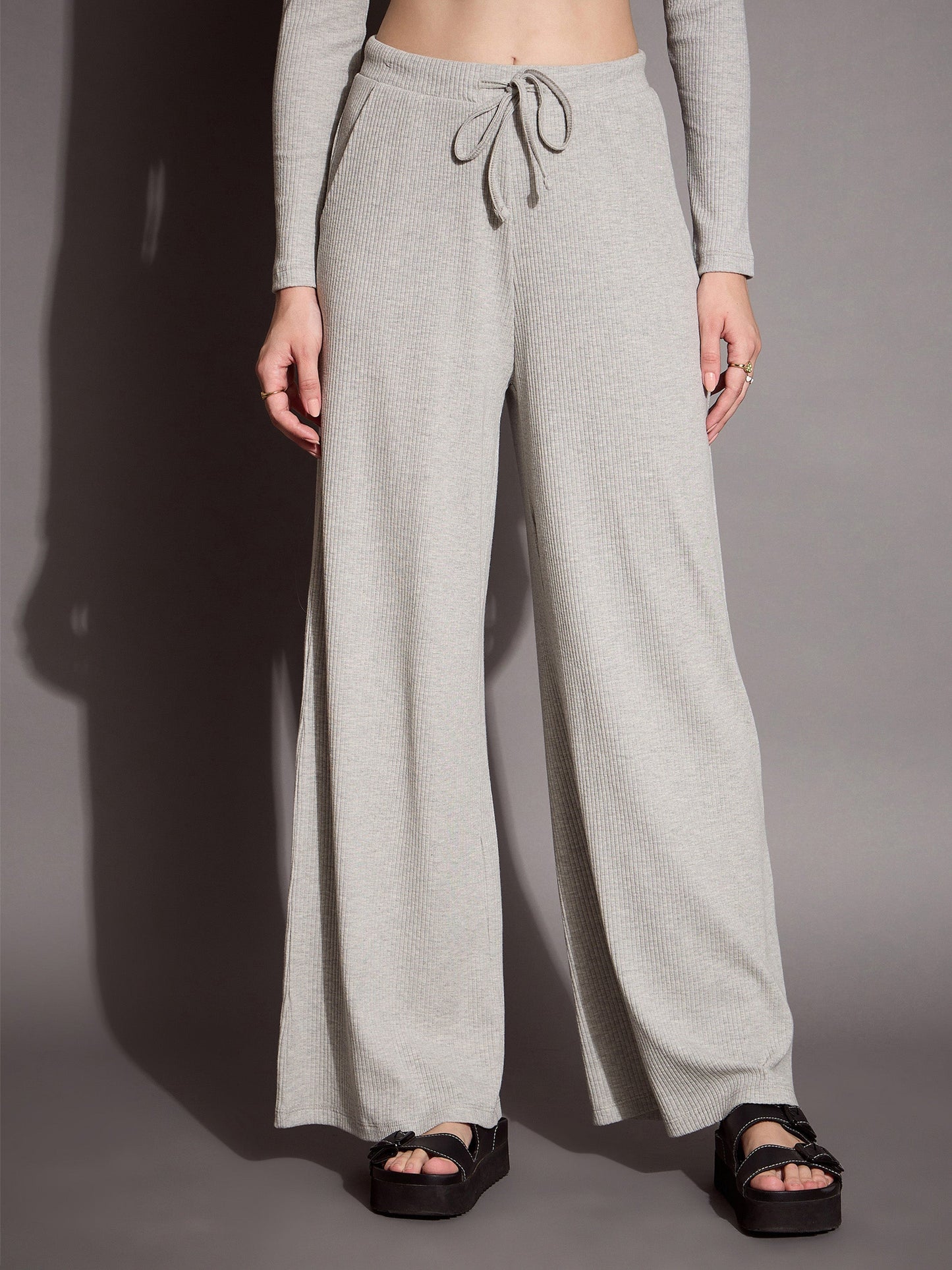 Women Grey Melange Rib Polo Neck Top With Drawstring Pants