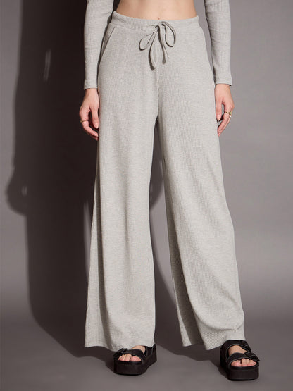 Women Grey Melange Rib Polo Neck Top With Drawstring Pants