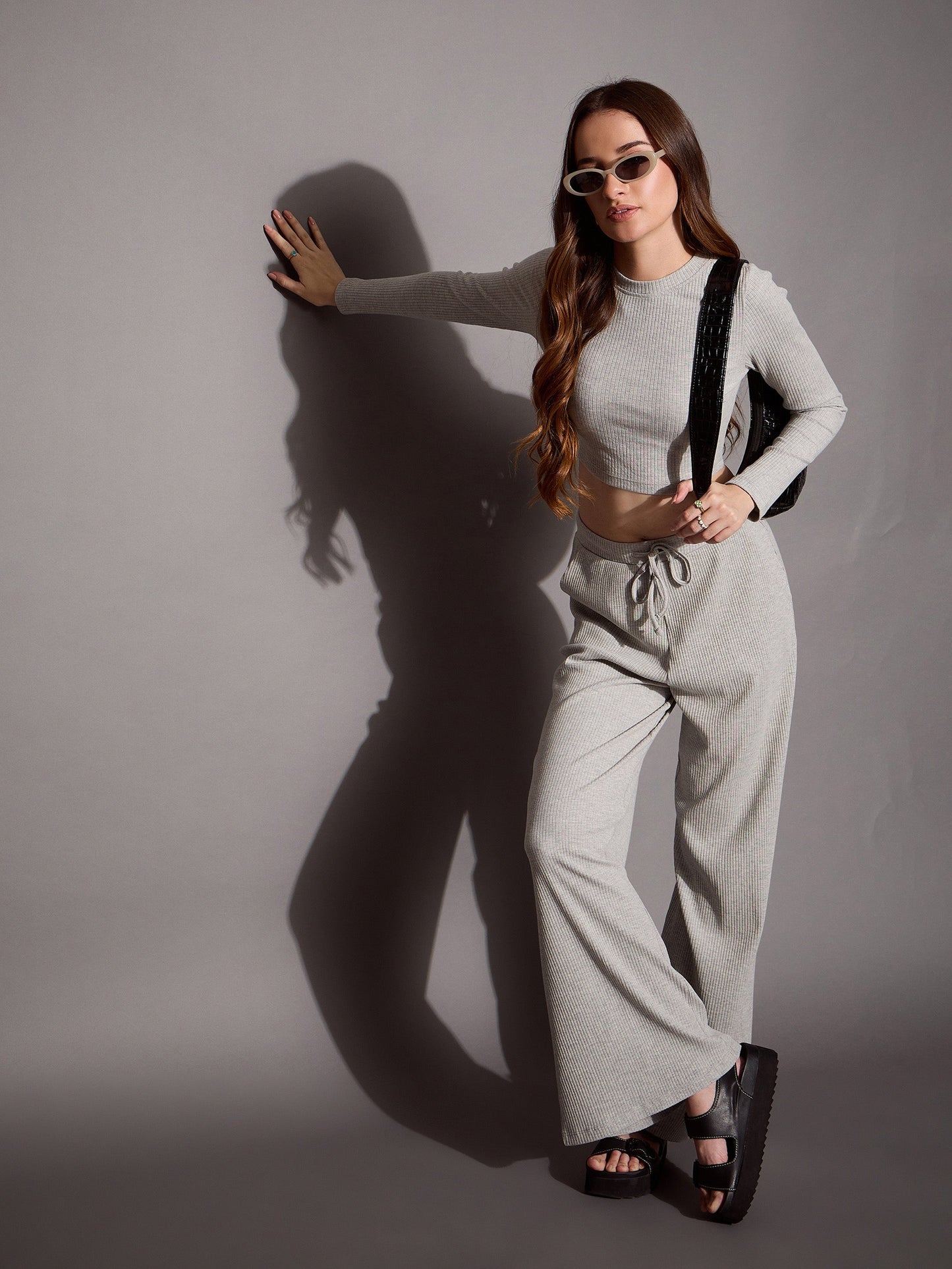 Grey Melange Neck Full Sleeve Crop Top