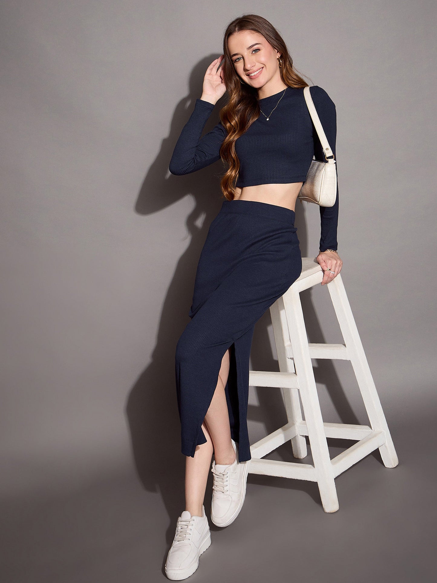 Navy Rib Full Sleeve Crop Top