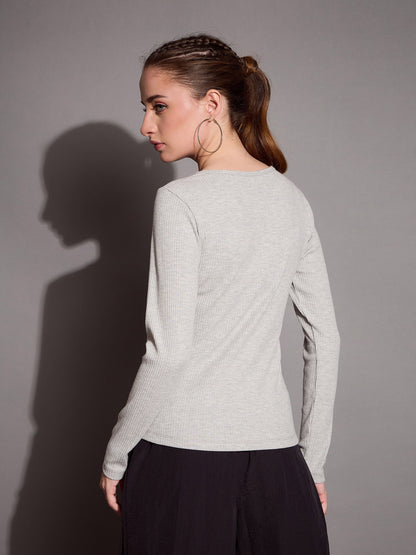 Women Grey Melange Rib V-Neck Full Sleeves Top
