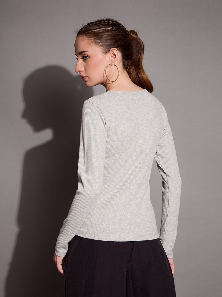 Women Grey Melange Rib V-Neck Full Sleeves Top