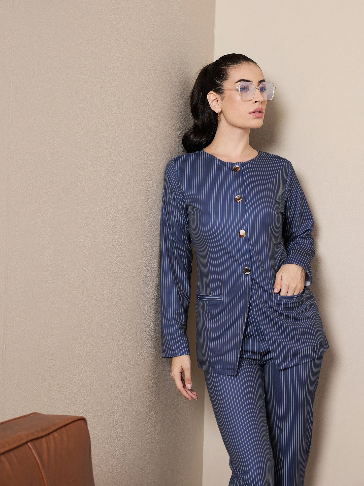 Navy Striped Round Neck Full Sleeve Top