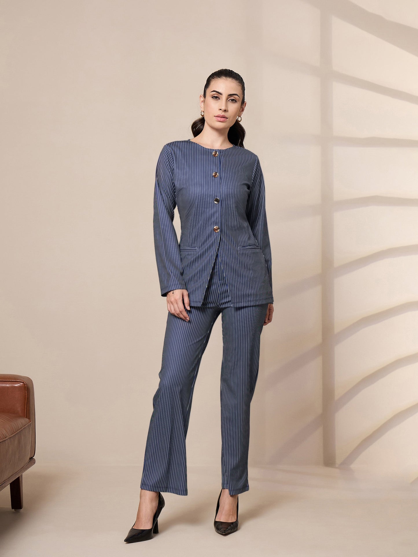 Navy Striped Round Neck Full Sleeve Top