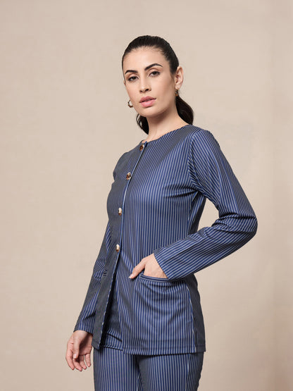 Navy Striped Round Neck Full Sleeve Top