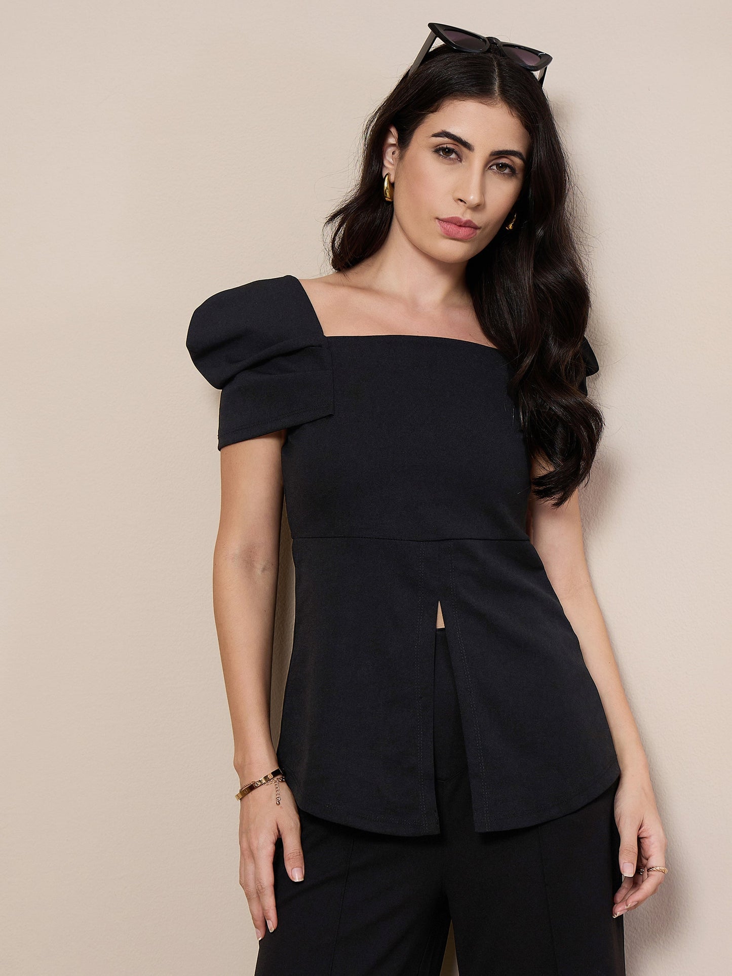 Black Square Neck Peplum Top