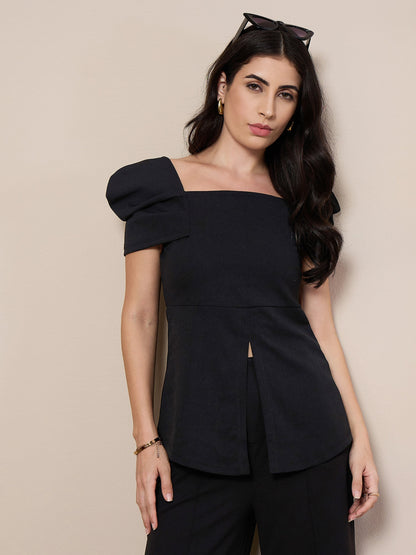 Black Square Neck Peplum Top