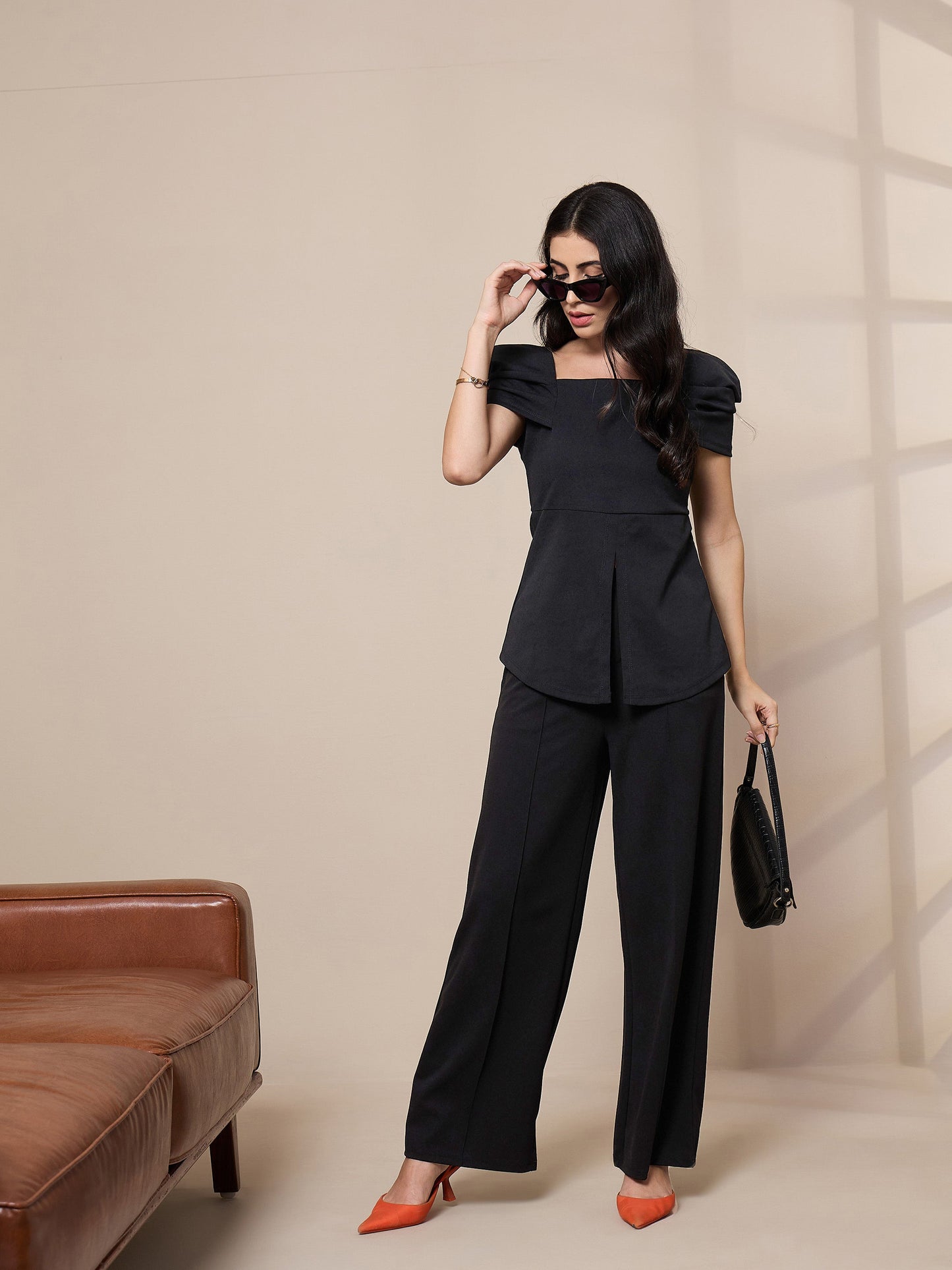 Black Square Neck Peplum Top